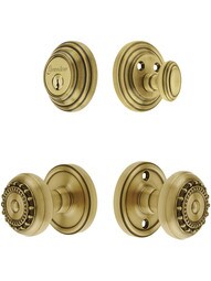 Grandeur Georgetown Entry Door Set, Keyed Alike with Parthenon Knobs in Antique Brass.
